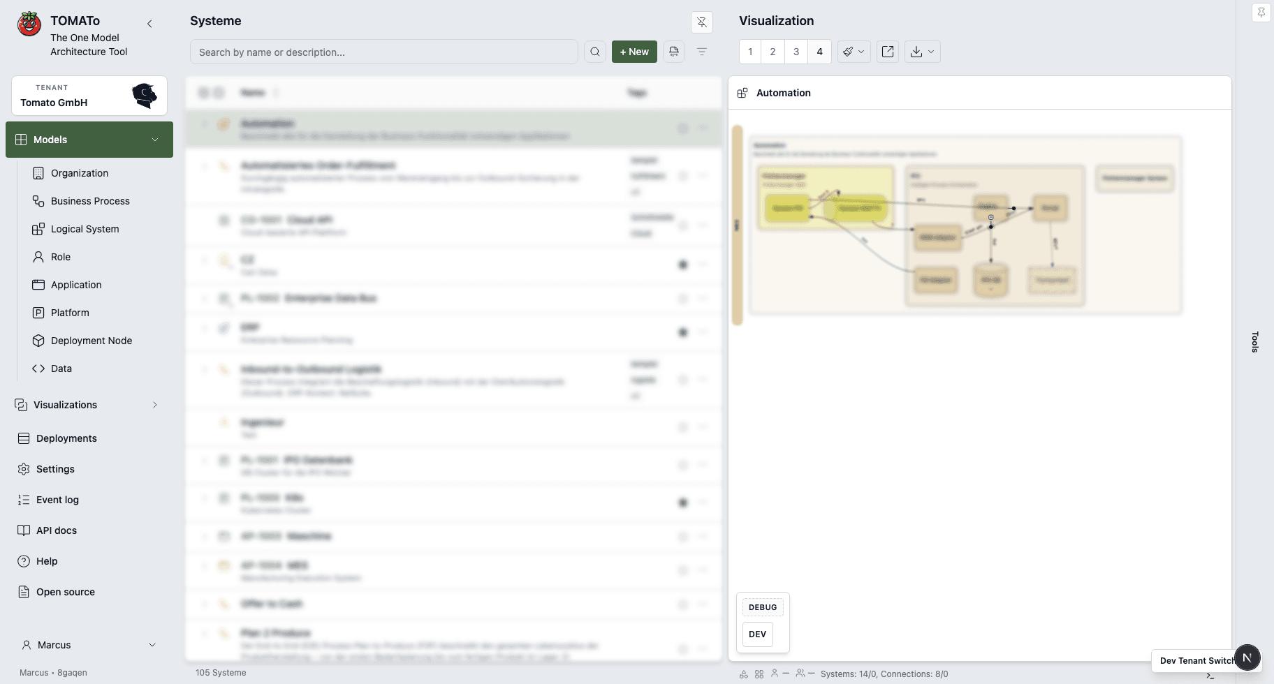 Anonymisierte Modellierungsansicht mit Systemstruktur